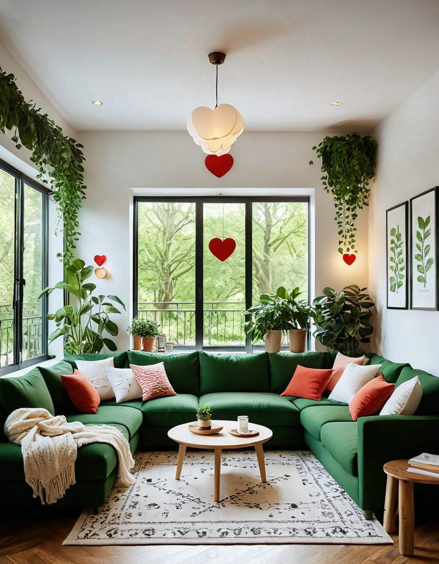 A cozy home interior with a warm atmosphere, featuring happy couples and families enjoying time together, surrounded by symbols of health and protection like heart shapes, shields, and insurance documents. There are plants, soft lighting, and a comforting ambiance that reflects love and security. Emphasize the connections between health and home with elements of personalized insurance such as tailored policy documents subtly integrated in the decor. vibrant colors. cozy illustration style.