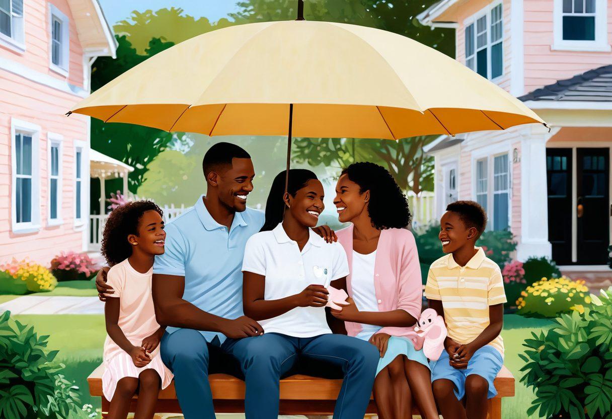 A serene family scene with a warm atmosphere, showcasing diverse families laughing together under a protective umbrella symbolizing insurance. Include heart-shaped elements subtly woven into the design, representing love and care. In the background, soft silhouettes of homes and secure environments convey safety and stability. The color palette should be comforting with pastel shades, evoking feelings of warmth and security. vector art. vibrant colors.